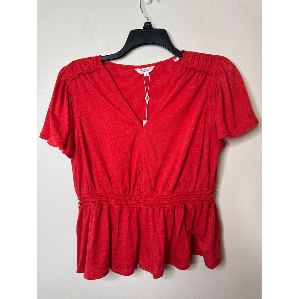 Max Studio London Women Red Peplum Top V-Neck Flutter Sleeve Blouse 1X